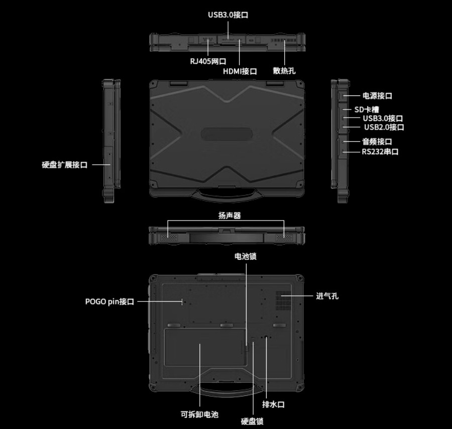 Detailed Drawing of VPM-1401 I7-1165G7/8G/512G/Adapter Rugged Laptop